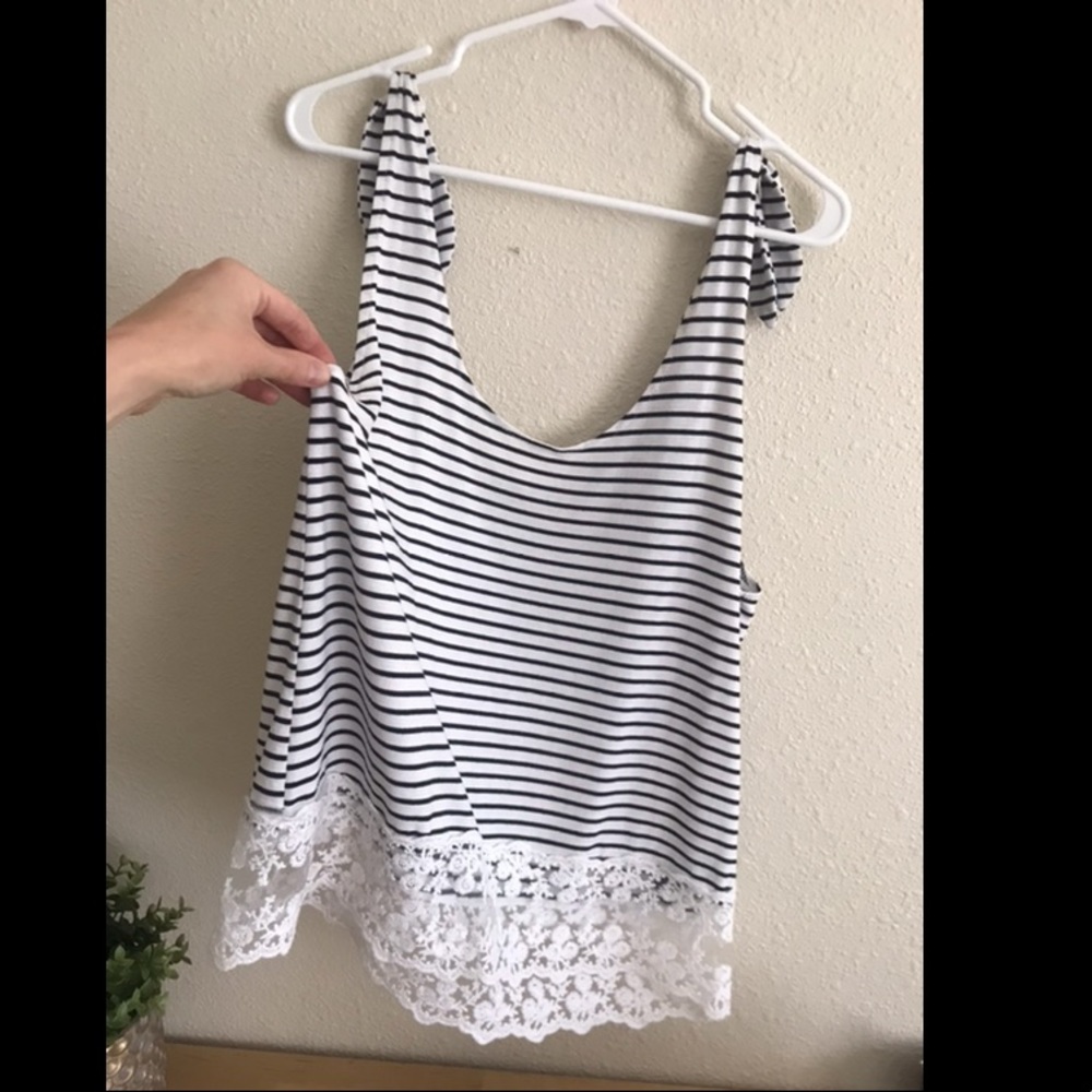 White and black striped tank with lace detail